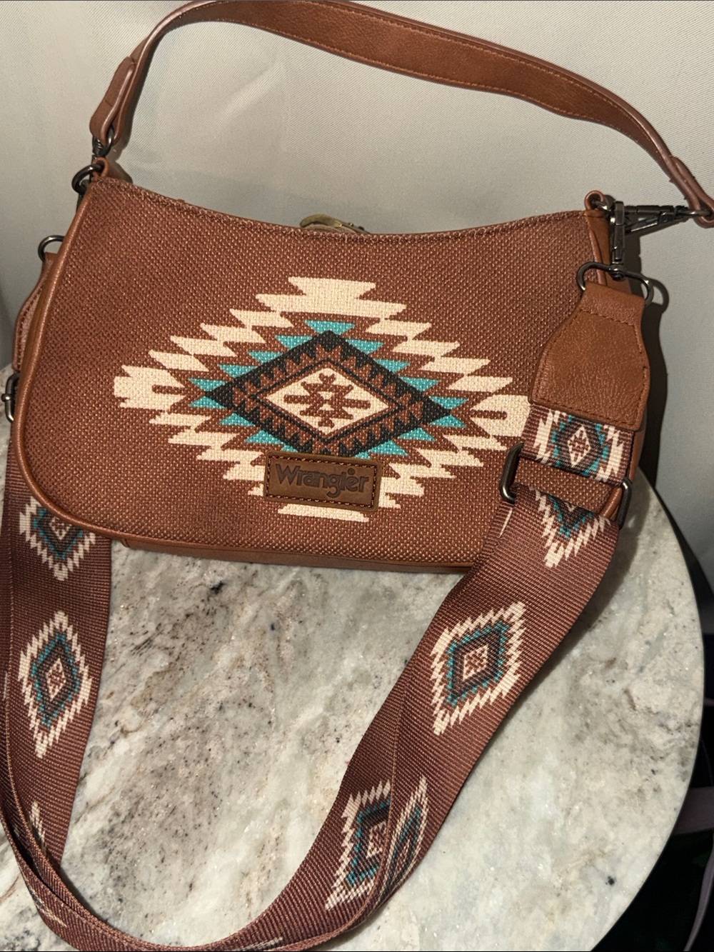 Wrangler Brown Shoulder Bag with Turquoise & Cream Southwestern Pattern